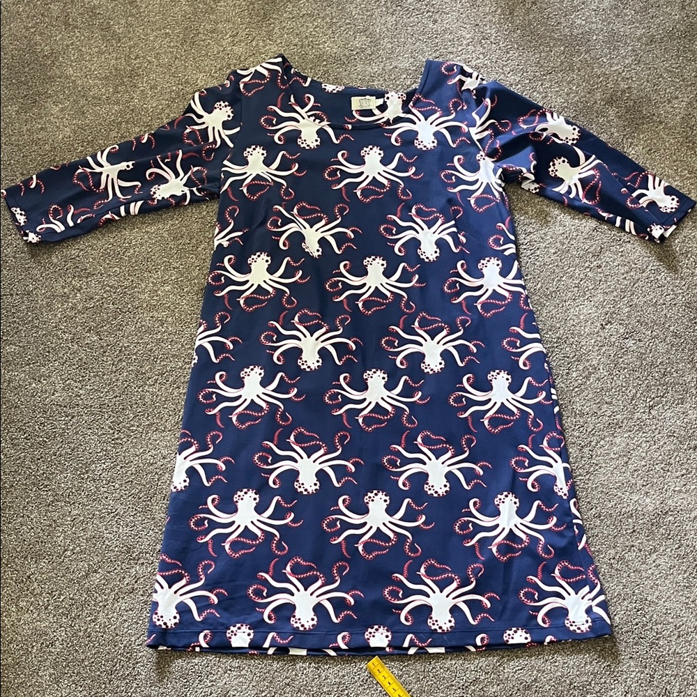 Katherine Way Blue Dress with Red and White Octopus Pattern